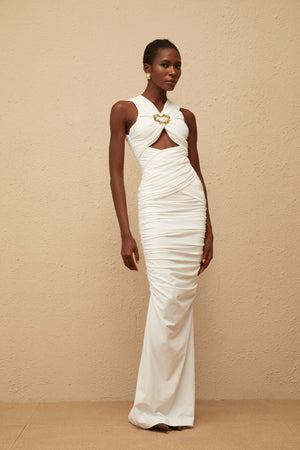 Aurohaya Capucine White Ruched Corset Maxi Dress