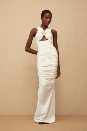 Aurohaya Capucine White Ruched Corset Maxi Dress