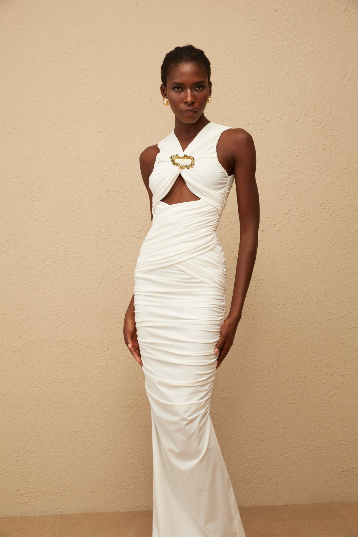 Aurohaya Capucine White Ruched Corset Maxi Dress