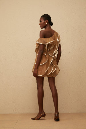 Aurohaya Alchimie Brown Ruffled Tulle Mini Dress