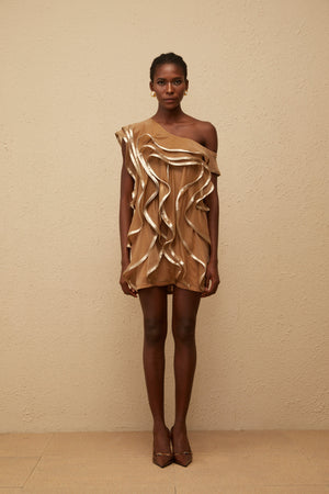 Aurohaya Alchimie Brown Ruffled Tulle Mini Dress