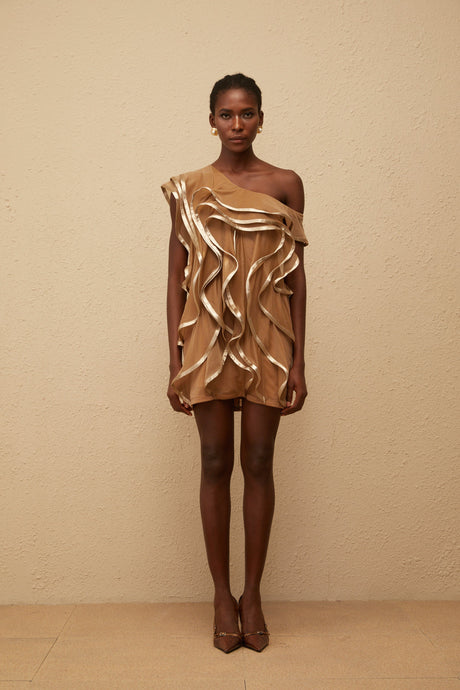 Aurohaya Alchimie Brown Ruffled Tulle Mini Dress