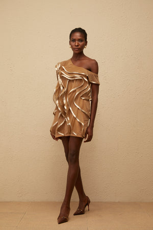 Aurohaya Alchimie Brown Ruffled Tulle Mini Dress