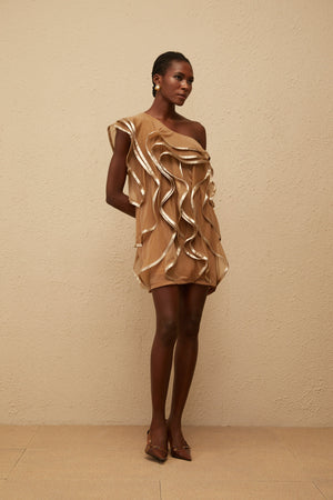 Aurohaya Alchimie Brown Ruffled Tulle Mini Dress