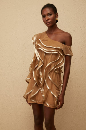 Aurohaya Alchimie Brown Ruffled Tulle Mini Dress