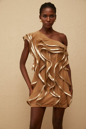 Aurohaya Alchimie Brown Ruffled Tulle Mini Dress