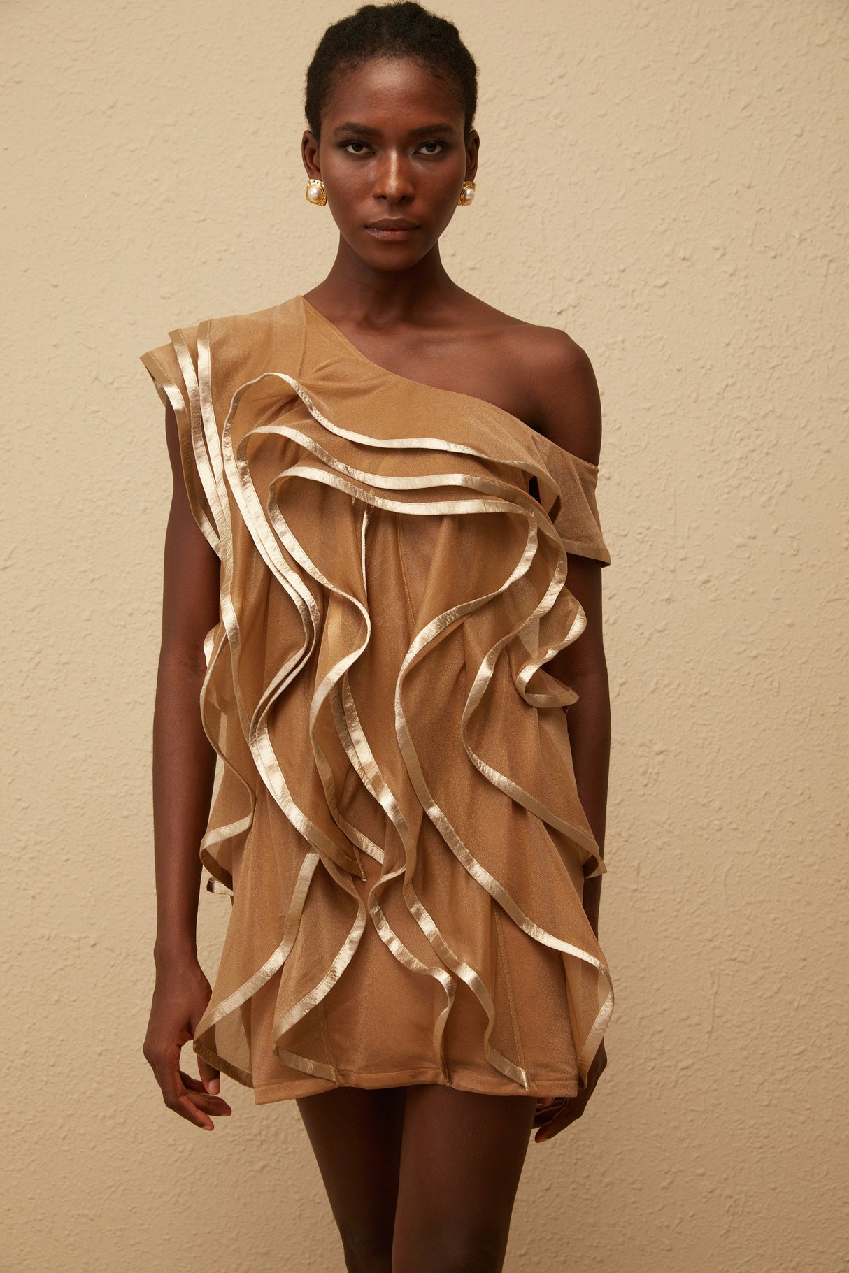 Aurohaya Alchimie Brown Ruffled Tulle Mini Dress