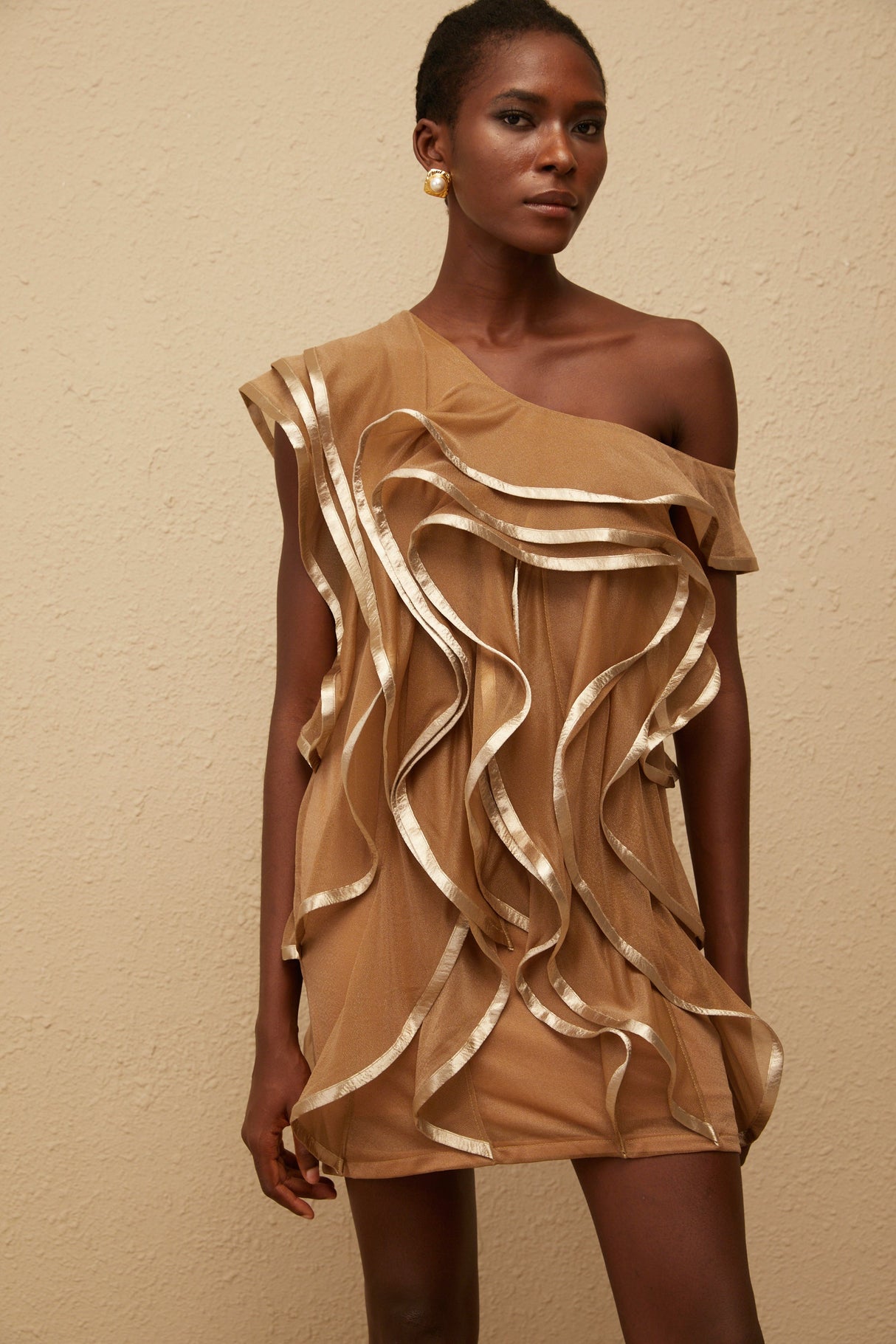 Aurohaya Alchimie Brown Ruffled Tulle Mini Dress