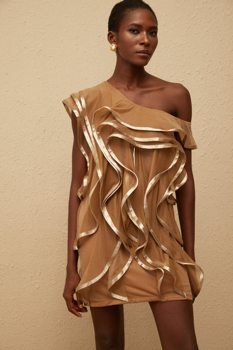 Aurohaya Alchimie Brown Ruffled Tulle Mini Dress