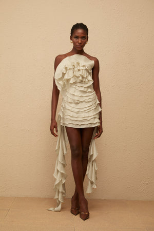Aurohaya Anneli Neutral Off-Shoulder Ruffled Mini Dress