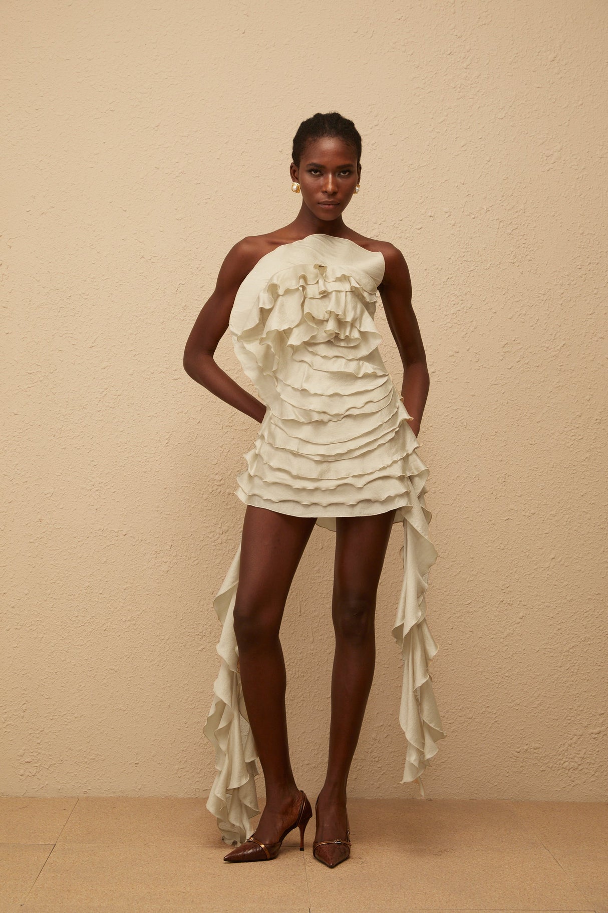 Aurohaya Anneli Neutral Off-Shoulder Ruffled Mini Dress