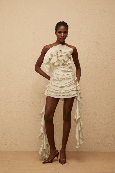 Aurohaya Anneli Neutral Off-Shoulder Ruffled Mini Dress