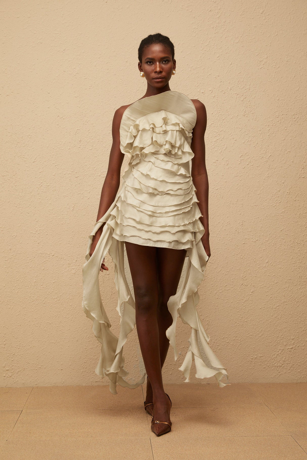 Aurohaya Anneli Neutral Off-Shoulder Ruffled Mini Dress