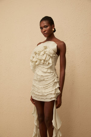 Aurohaya Anneli Neutral Off-Shoulder Ruffled Mini Dress