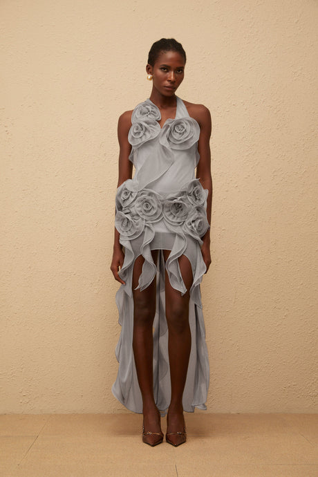 Aurohaya Hannabella Grey Asymmetrical Ruffled Floral Mini Dress