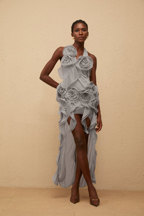 Aurohaya Hannabella Grey Asymmetrical Ruffled Floral Mini Dress
