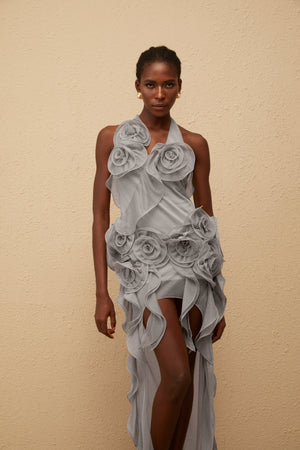 Aurohaya Hannabella Grey Asymmetrical Ruffled Floral Mini Dress