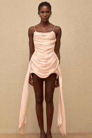 Aurohaya Vénus Pink Ribbon Design Ruched Mini Dress
