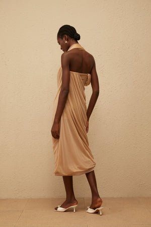 Aurohaya Mielikki Khaki Asymmetrical Tulle Panel Midi Dress