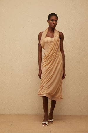 Aurohaya Mielikki Khaki Asymmetrical Tulle Panel Midi Dress
