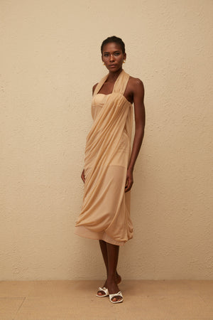 Aurohaya Mielikki Khaki Asymmetrical Tulle Panel Midi Dress