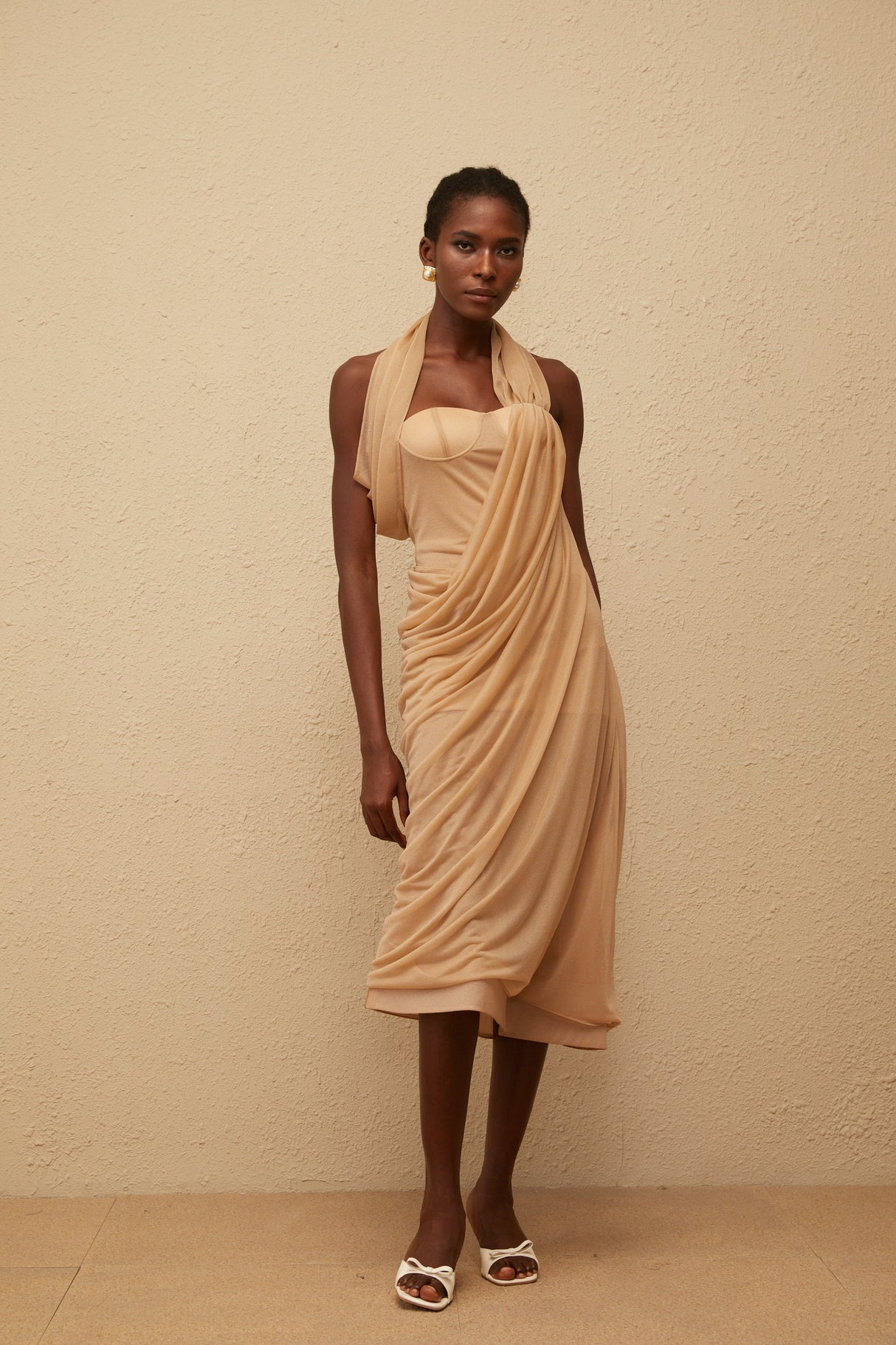 Aurohaya Mielikki Khaki Asymmetrical Tulle Panel Midi Dress