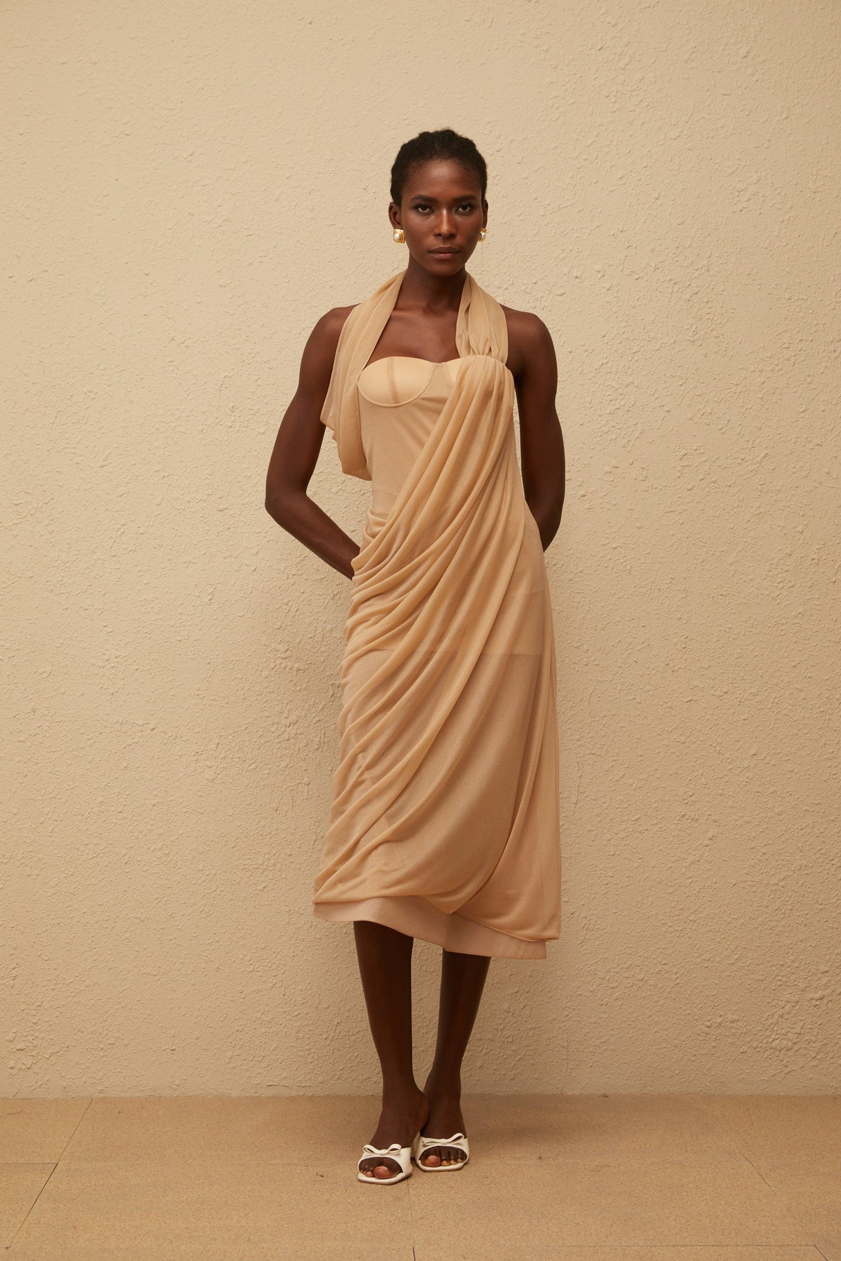 Aurohaya Mielikki Khaki Asymmetrical Tulle Panel Midi Dress