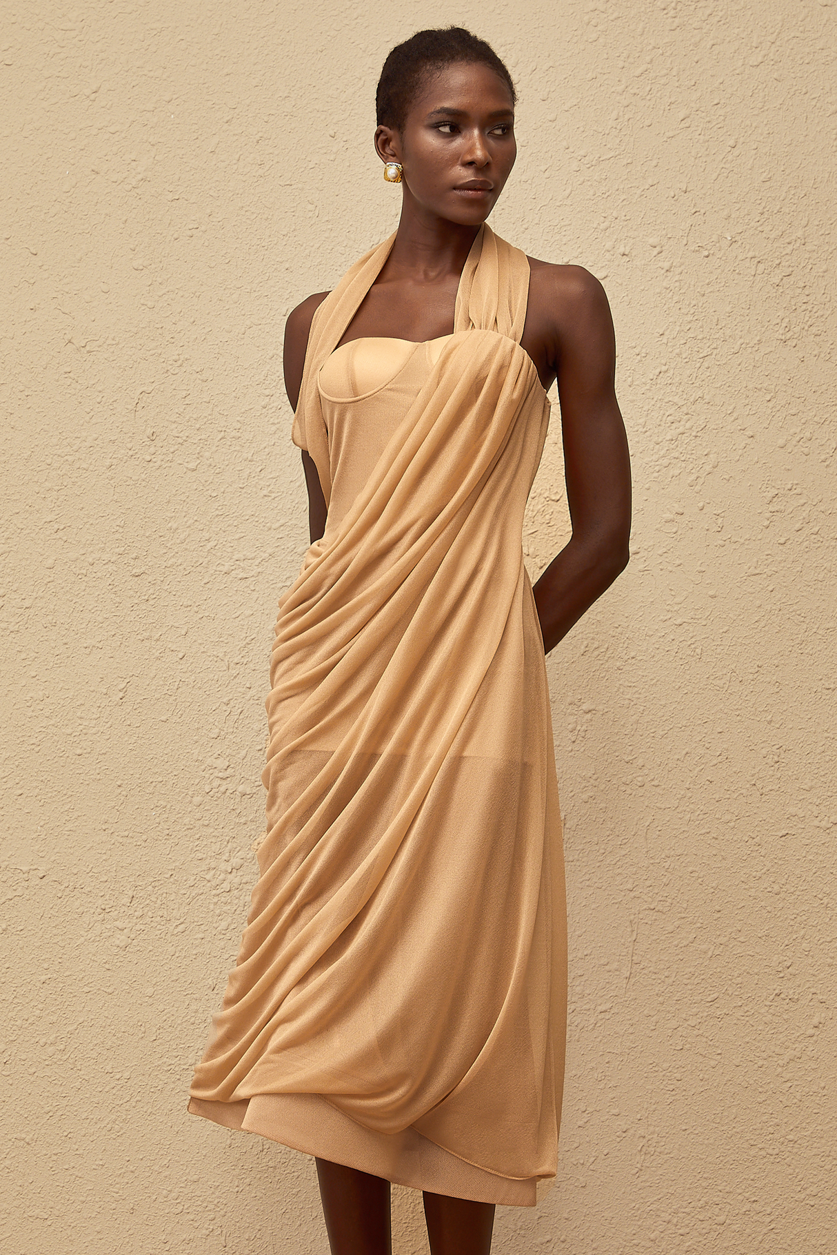 Aurohaya Mielikki Khaki Asymmetrical Tulle Panel Midi Dress