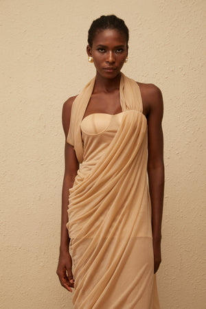 Aurohaya Mielikki Khaki Asymmetrical Tulle Panel Midi Dress