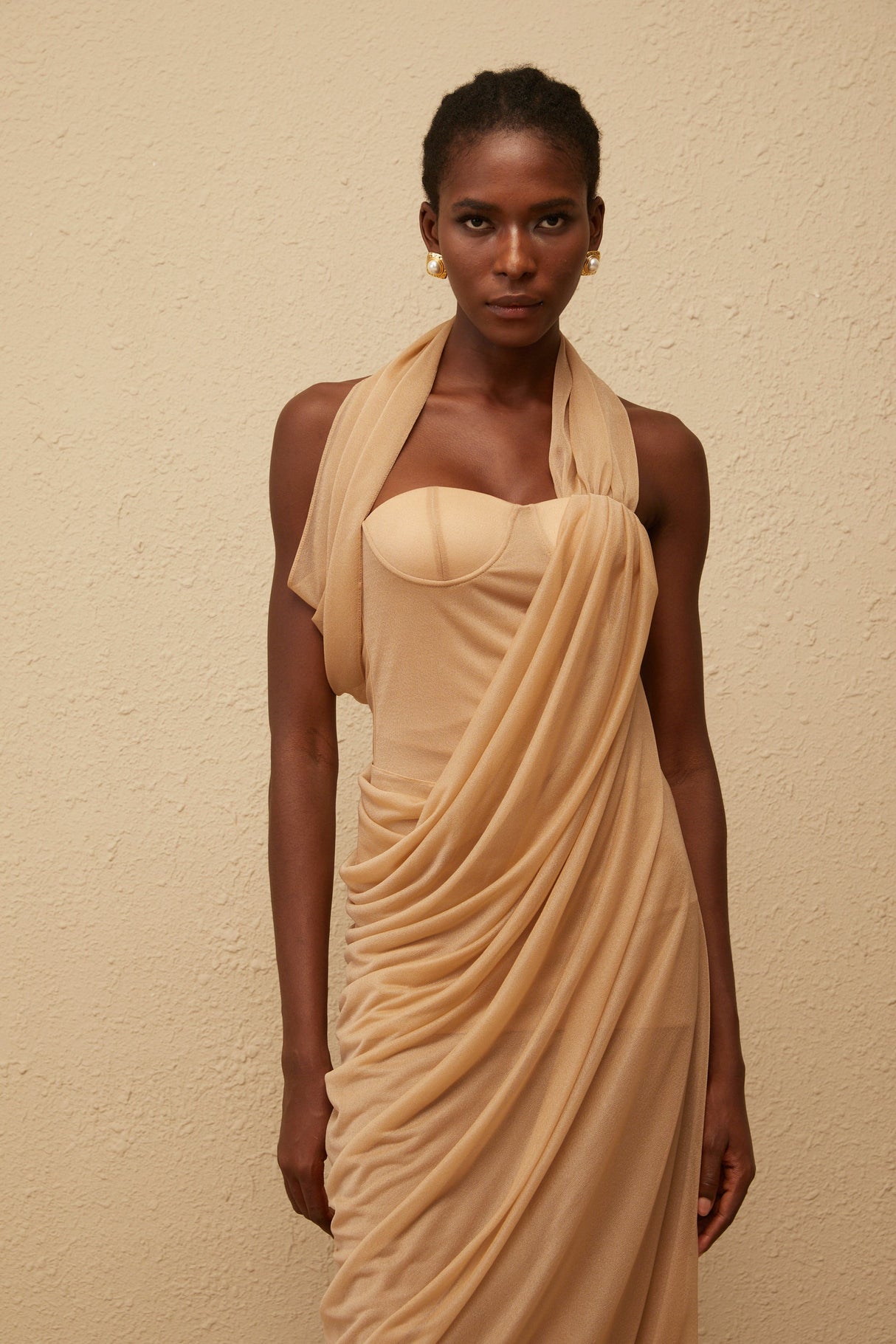 Aurohaya Mielikki Khaki Asymmetrical Tulle Panel Midi Dress
