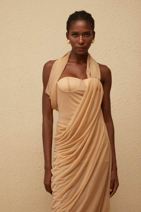 Aurohaya Mielikki Khaki Asymmetrical Tulle Panel Midi Dress