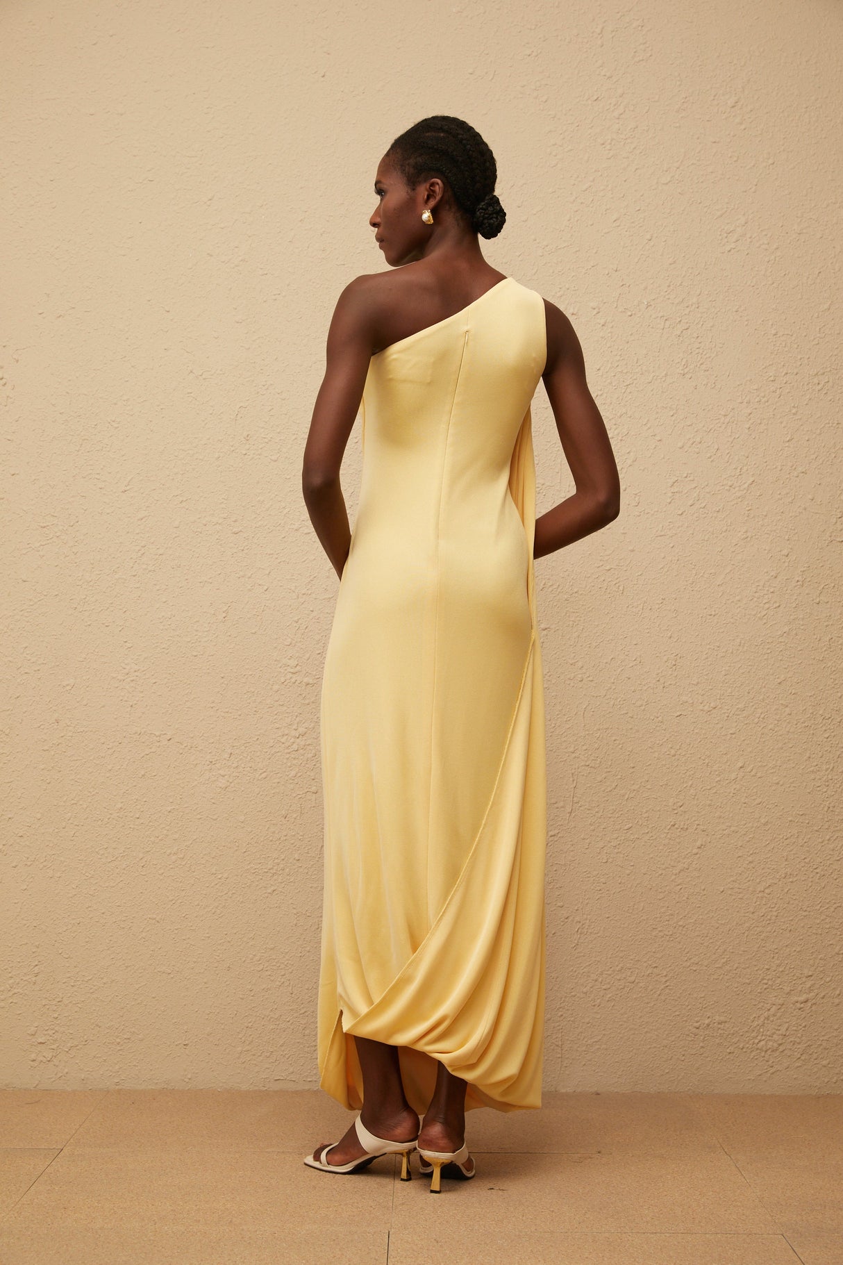 Aurohaya Garance Yellow Draped Asymmetrical Maxi Dress