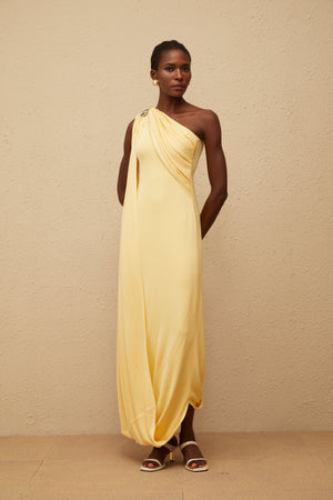 Aurohaya Garance Yellow Draped Asymmetrical Maxi Dress