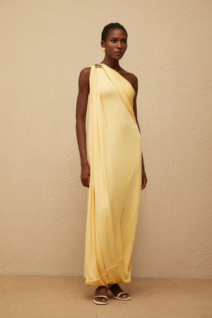 Aurohaya Garance Yellow Draped Asymmetrical Maxi Dress