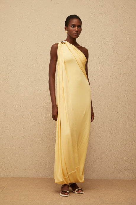 Aurohaya Garance Yellow Draped Asymmetrical Maxi Dress