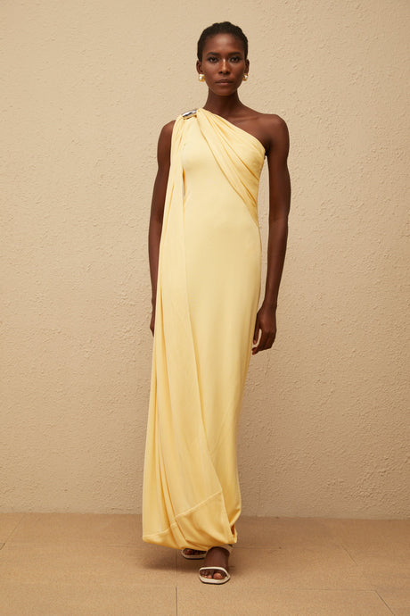 Aurohaya Garance Yellow Draped Asymmetrical Maxi Dress