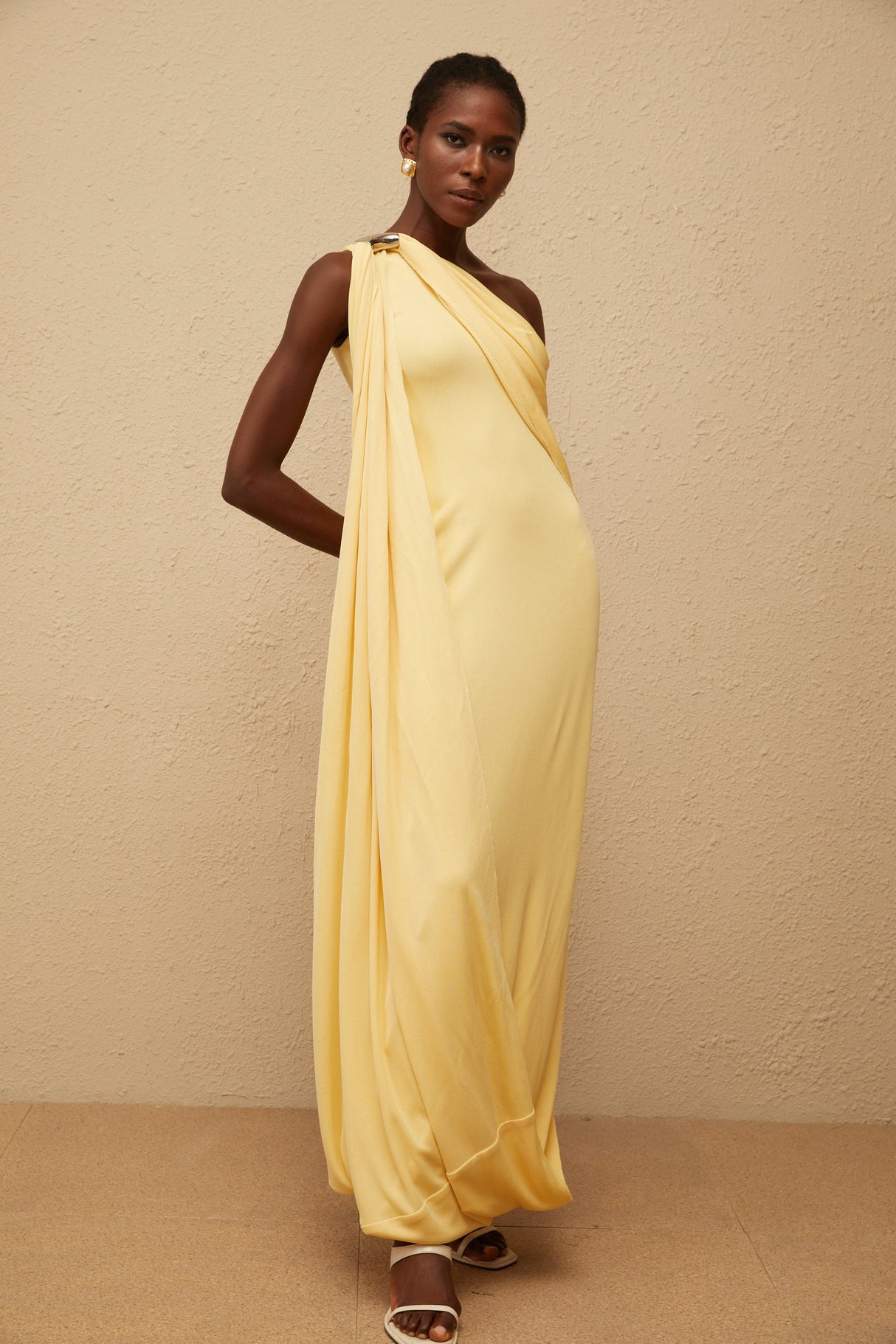 Aurohaya Garance Yellow Draped Asymmetrical Maxi Dress