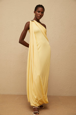 Aurohaya Garance Yellow Draped Asymmetrical Maxi Dress