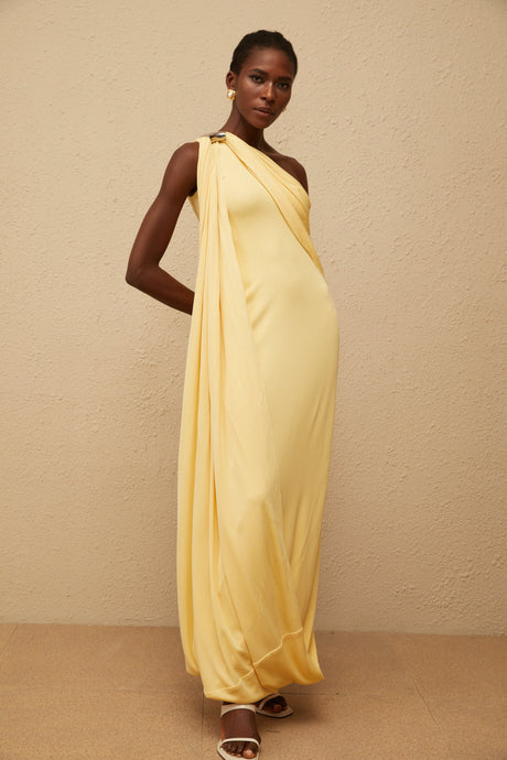 Aurohaya Garance Yellow Draped Asymmetrical Maxi Dress