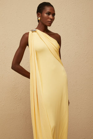 Aurohaya Garance Yellow Draped Asymmetrical Maxi Dress