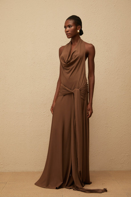 Aurohaya Minna Brown Halterneck Twisted Maxi Dress