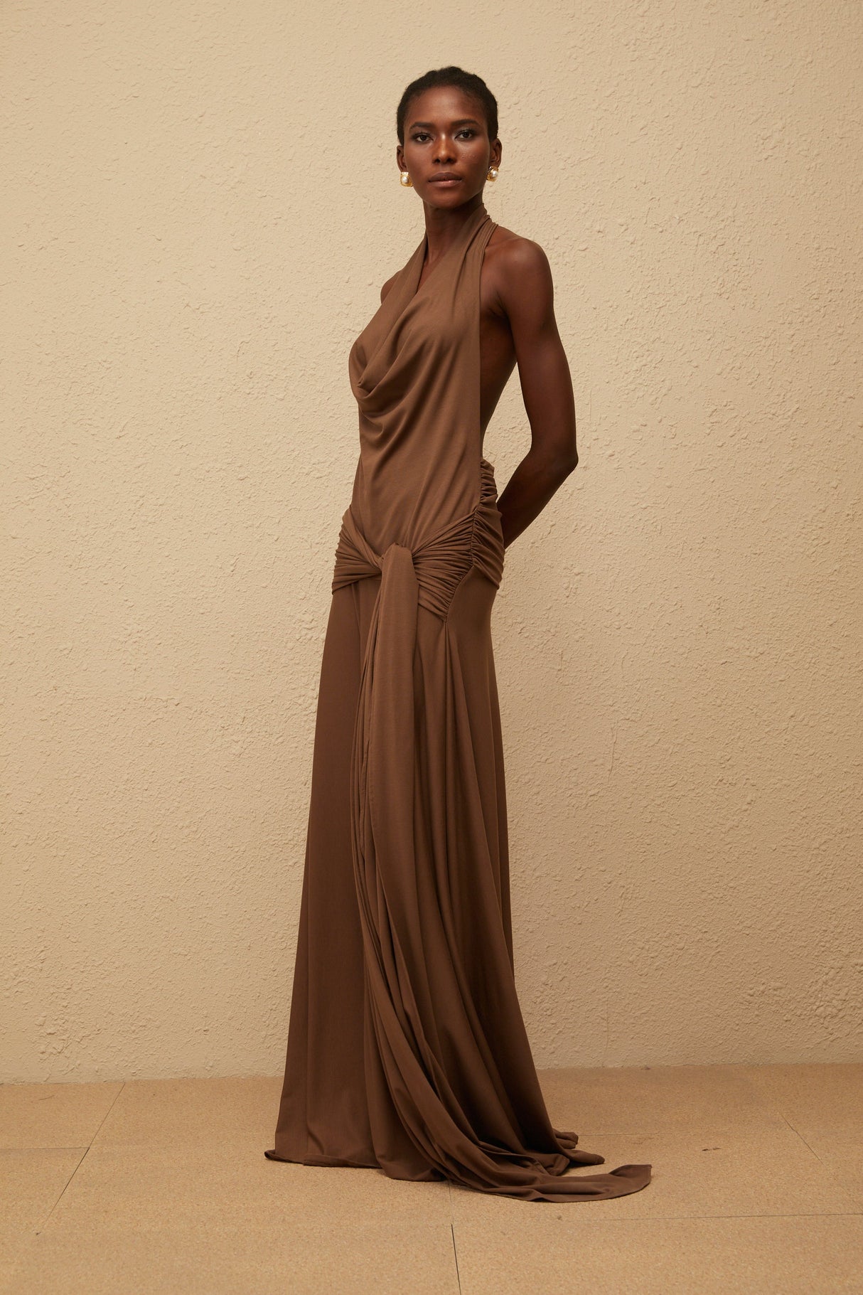 Aurohaya Minna Brown Halterneck Twisted Maxi Dress