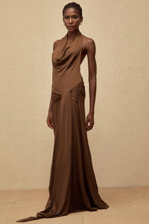 Aurohaya Minna Brown Halterneck Twisted Maxi Dress