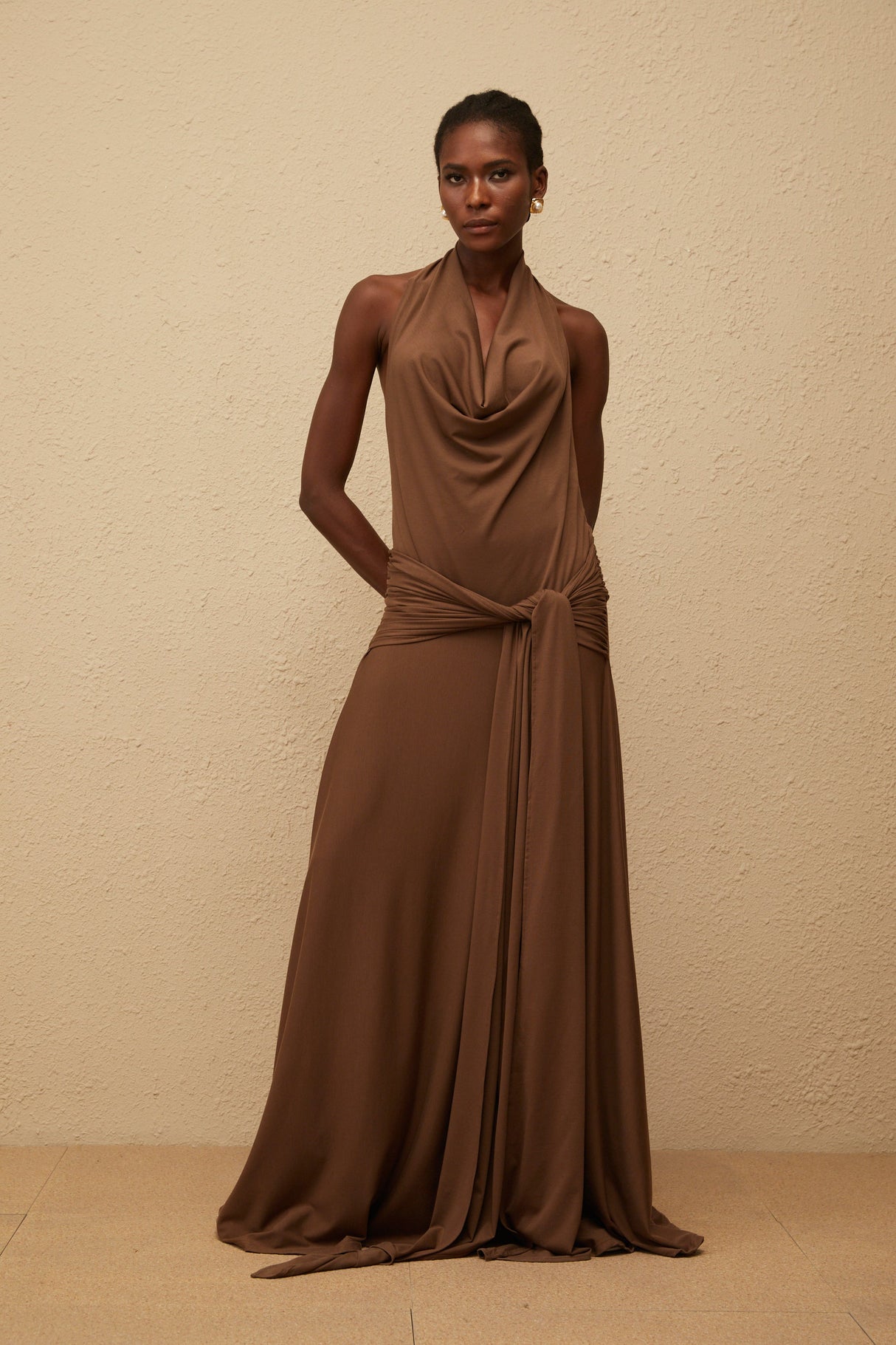 Aurohaya Minna Brown Halterneck Twisted Maxi Dress
