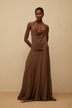 Aurohaya Minna Brown Halterneck Twisted Maxi Dress