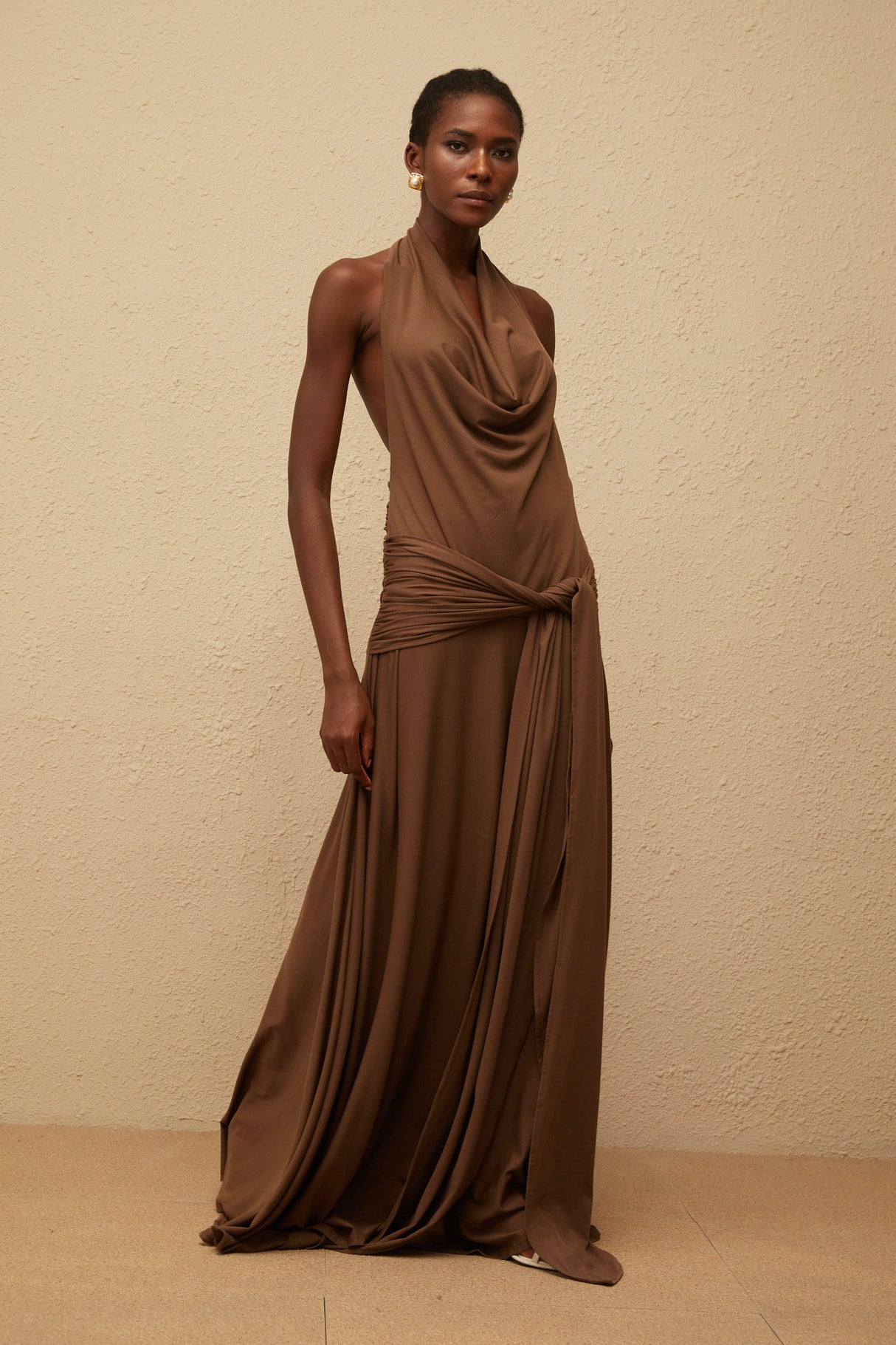 Aurohaya Minna Brown Halterneck Twisted Maxi Dress