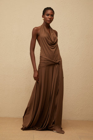 Aurohaya Minna Brown Halterneck Twisted Maxi Dress