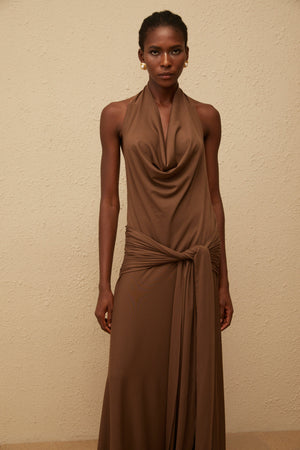 Aurohaya Minna Brown Halterneck Twisted Maxi Dress