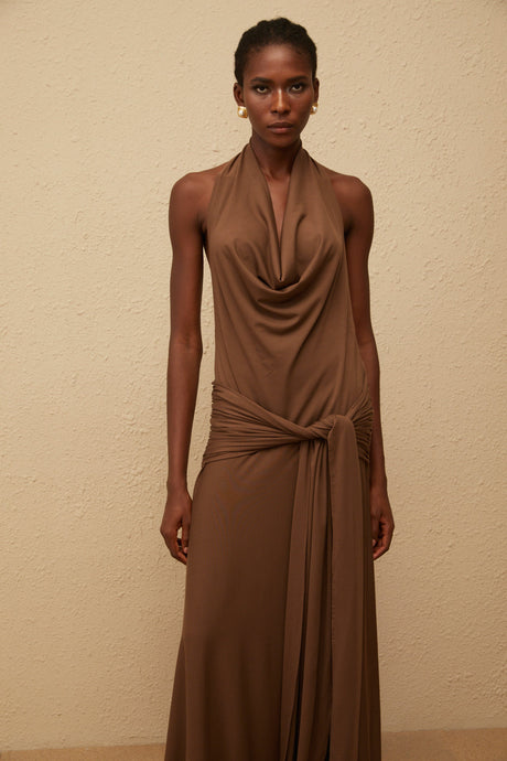 Aurohaya Minna Brown Halterneck Twisted Maxi Dress