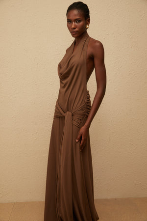 Aurohaya Minna Brown Halterneck Twisted Maxi Dress
